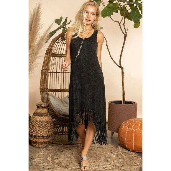Blue Buttercup Mineral Washed Black Fringe Midi Dress New S-L KD81386 - Picture 3 of 6